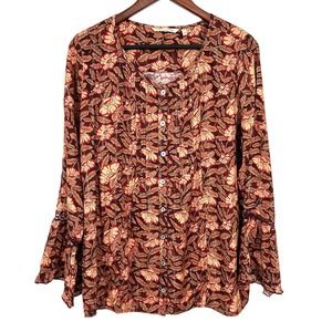 Soft Surroundings Sz Medium Sparkly Brown Fall Autumn Floral Blouse Shirt Top